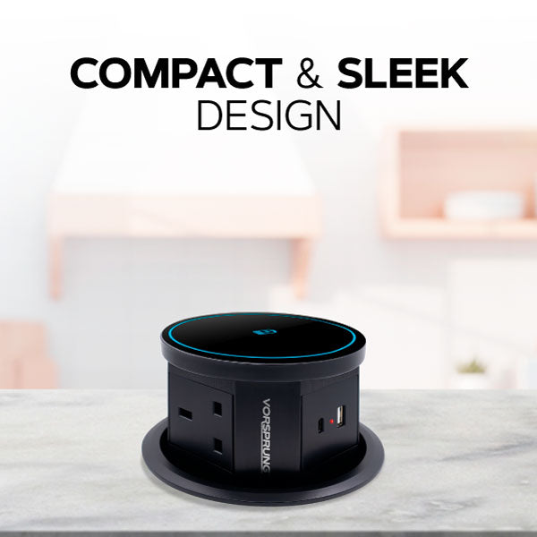 Retractable Pop Up Sockets  QI Wireless Charging Pad | 3x UK Plugs | 1 x USB-A + 1 x USB-C Charging Socket | Perfect for Kitchen worktops & Desks Perfect for Kitchen worktops & Desks | Hidden and flush when retracted