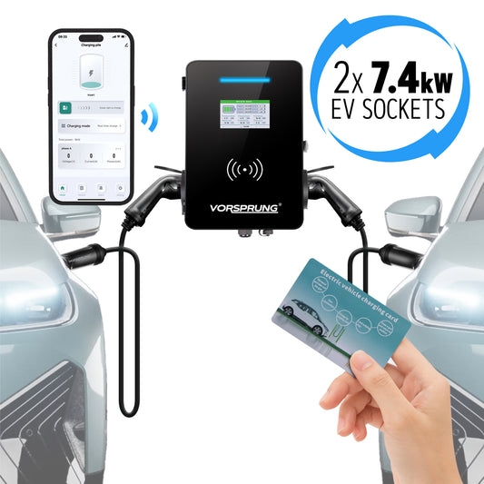 TwinCharger (Socket) - EV Laddare | 14kW (2 x 7.4kW) | Ladda 2 Bilar Samtidigt | Solarkompatibel med LCD & Smart App | Enfas för Hem, Kommersiellt eller Företagsanvändning | 2 x Typ 2 uttag | Inomhus/Utomhus | Universal Väggbox | OCPP 1.6 