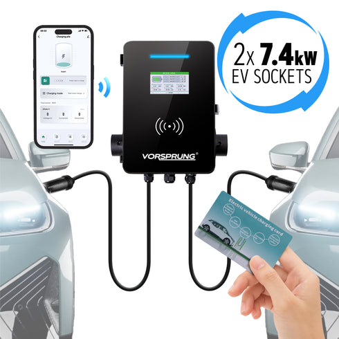 TwinCharger (tethered) - EV Wall Charger | 14kW (2 x 7.4kW) | Charge 2 Cars At Once | Type 2 | Solar Compatible With LCD & Smart App | Single Phase for Home or Business | 2 x 5m Cable included | Indoor/Outdoor | Universal Charger | OCPP 1.6