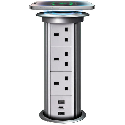 منافذ طاقة قابلة للسحب بمحرك مع لوحة شحن لاسلكي QI | 2x USB A و 1 x USB CPorts | 3x مقابس UK | تعمل باللمس للتفعيل والرفع | محرك مدمج ومستشعر باللمس | طاقة وشحن متعدد الأجهزة | مخفية ومتساوية عند السحب 