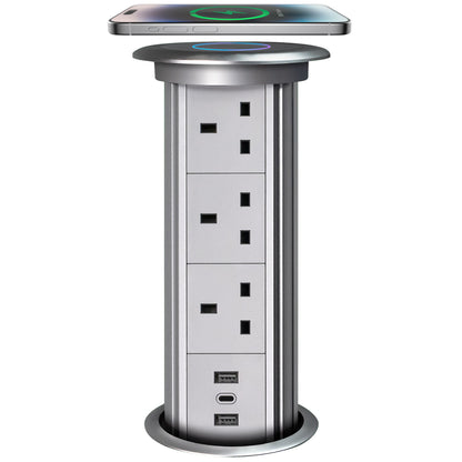 منافذ طاقة قابلة للسحب بمحرك مع لوحة شحن لاسلكي QI | 2x USB A و 1 x USB CPorts | 3x مقابس UK | تعمل باللمس للتفعيل والرفع | محرك مدمج ومستشعر باللمس | طاقة وشحن متعدد الأجهزة | مخفية ومتساوية عند السحب 