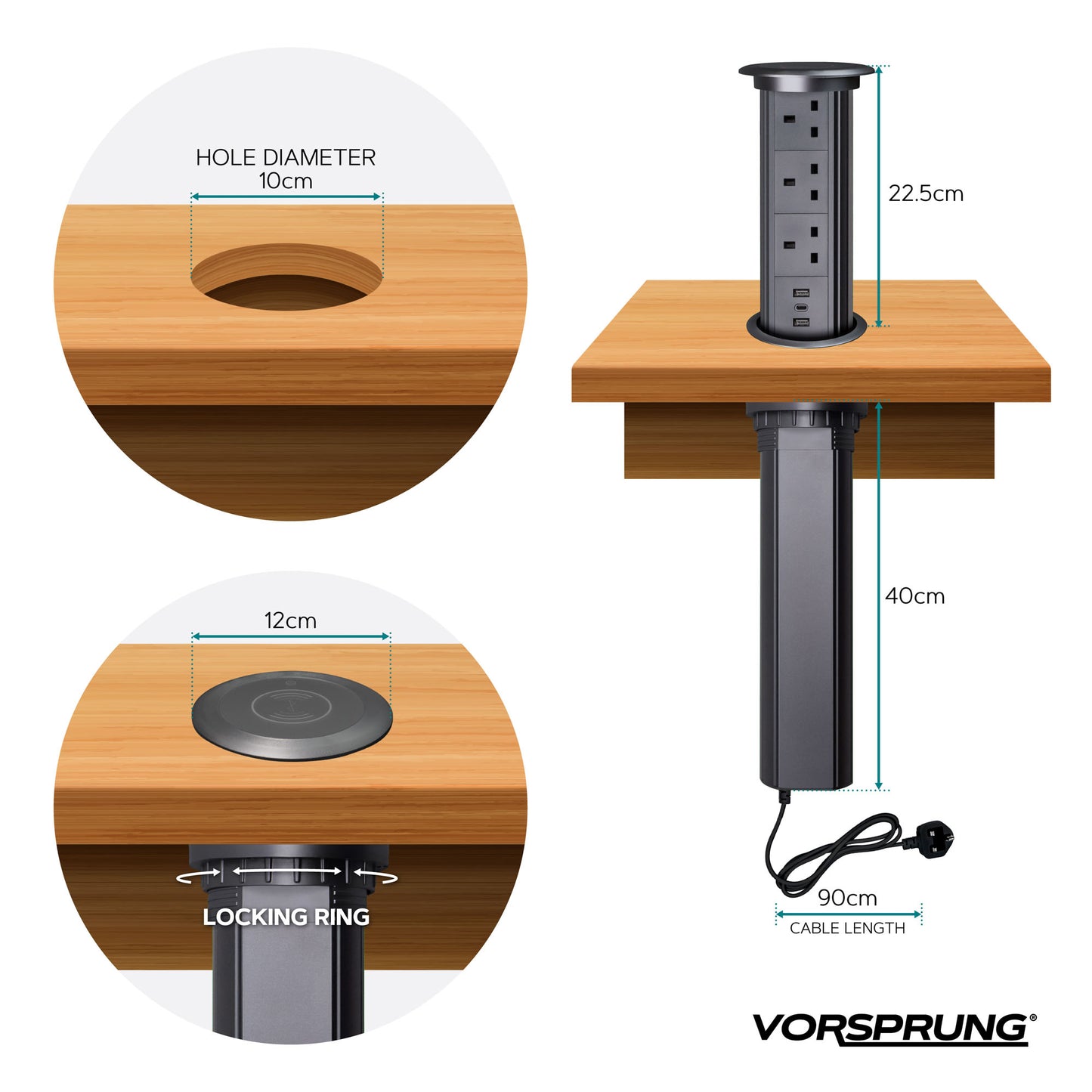 Motorised Retractable Pop Up Socket QI Wireless Charging Pad | 2x USB Ports | 3x UK Plugs | Touch to Activate and Raise | In-Built Motor and touch sensor | Multi Device Power and Charging | Cut Out Diameter : 100mm