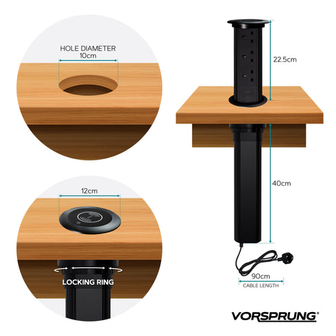 Motorised Retractable Pop Up Socket - QI Wireless Charging Pad | 2x USB Ports | 3x UK Plugs | Touch to Activate and Raise | In-Built Motor and touch sensor | Multi Device Power and Charging | Hidden and flush when retracted | Cut Out Diameter : 100mm