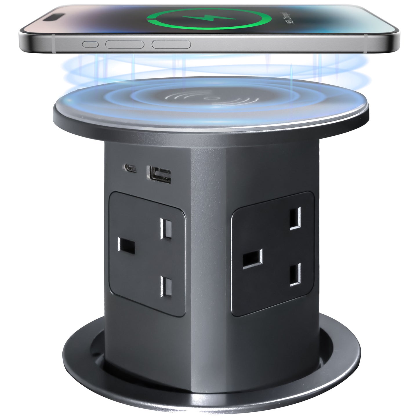 Retractable Pop Up Sockets QI Wireless Charging Pad | 4x UK Plugs | 2 x USB-A + 1 x USB-C Charging Socket | Perfect for Kitchen worktops & Desks | Hidden and flush when retracted | Cut Out Diameter : 100mm