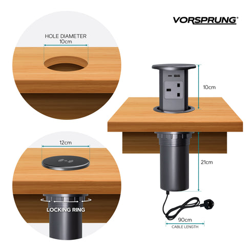 Retractable Pop Up Sockets QI Wireless Charging Pad | 4x UK Plugs | 2 x USB-A + 1 x USB-C Charging Socket | Perfect for Kitchen worktops & Desks | Hidden and flush when retracted | Cut Out Diameter : 100mm