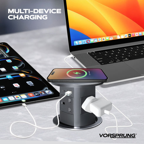 Retractable Pop Up Sockets QI Wireless Charging Pad | 4x UK Plugs | 2 x USB-A + 1 x USB-C Charging Socket | Perfect for Kitchen worktops & Desks | Hidden and flush when retracted | Cut Out Diameter: 100mm