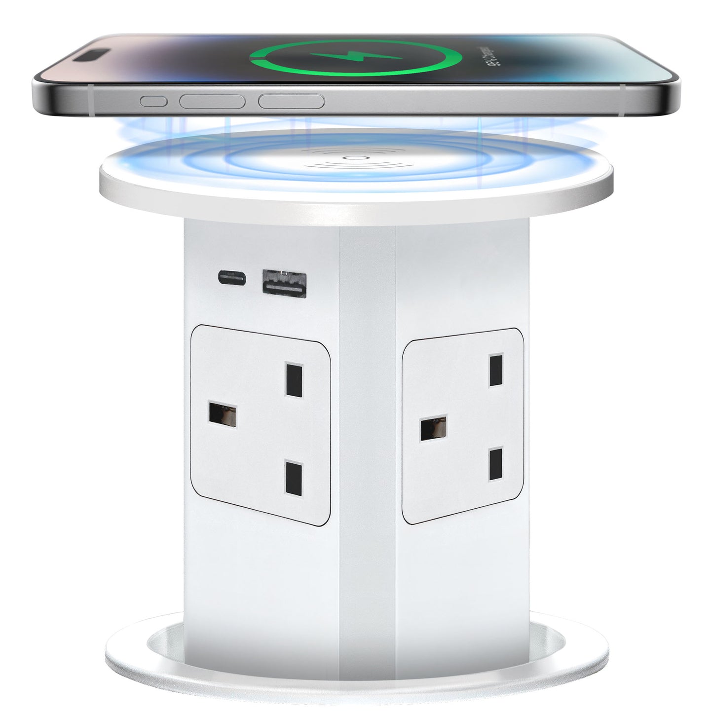 Retractable Pop Up Sockets QI Wireless Charging Pad | 4x UK Plugs | 2 x USB-A + 1 x USB-C Charging Socket | Perfect for Kitchen worktops & Desks