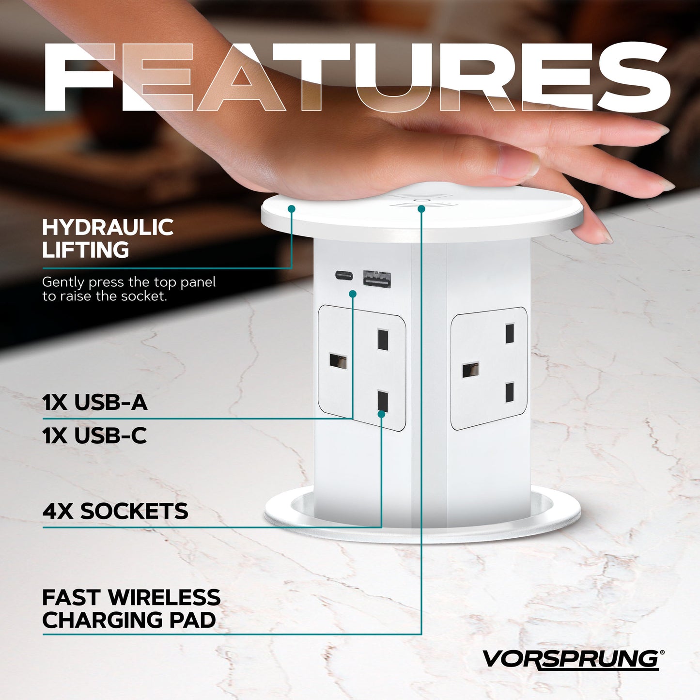 Retractable Pop Up Sockets QI Wireless Charging Pad | 4x UK Plugs | 2 x USB-A + 1 x USB-C Charging Socket | Perfect for Kitchen worktops & Desks