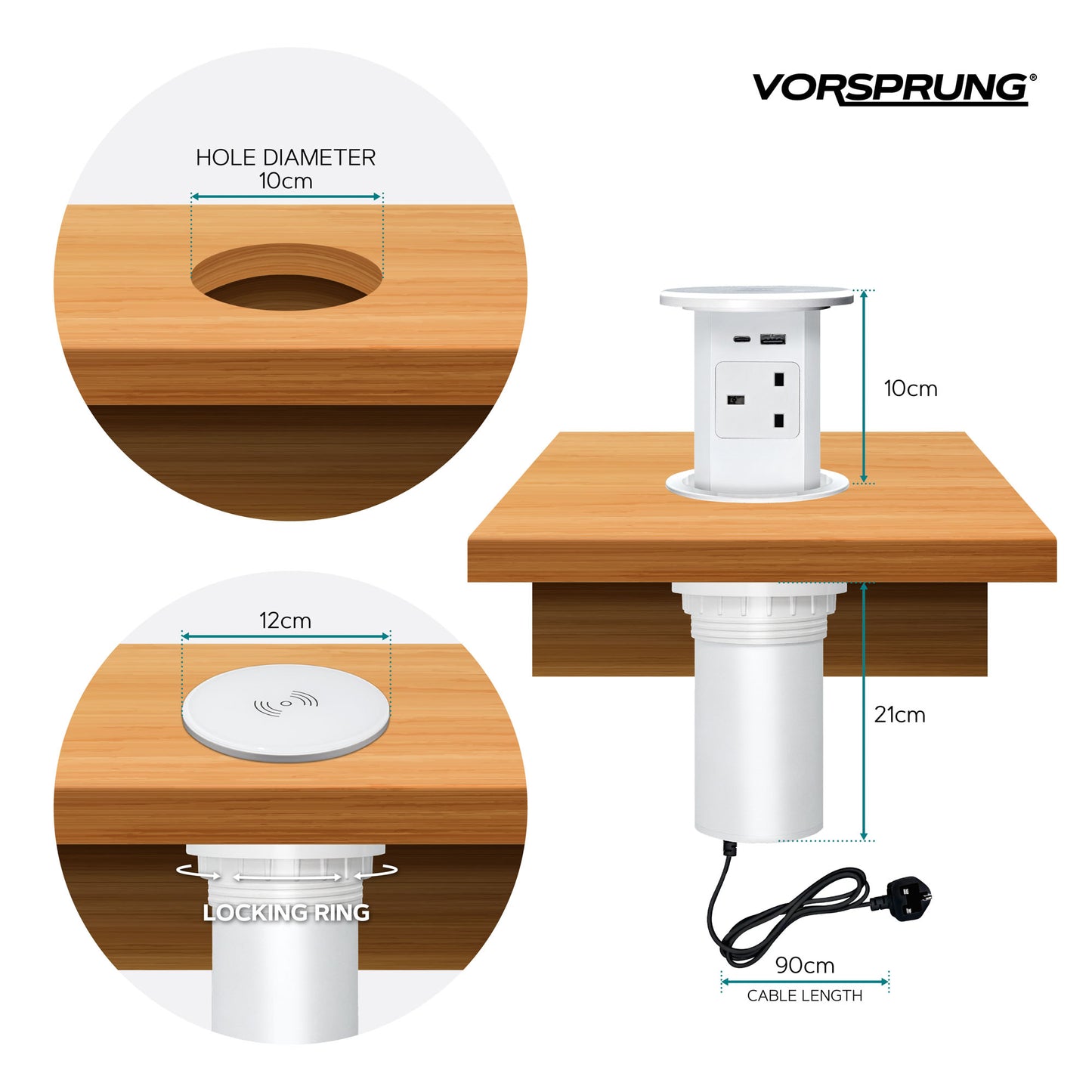 Retractable Pop Up Sockets QI Wireless Charging Pad | 4x UK Plugs | 2 x USB-A + 1 x USB-C Charging Socket | Perfect for Kitchen worktops & Desks