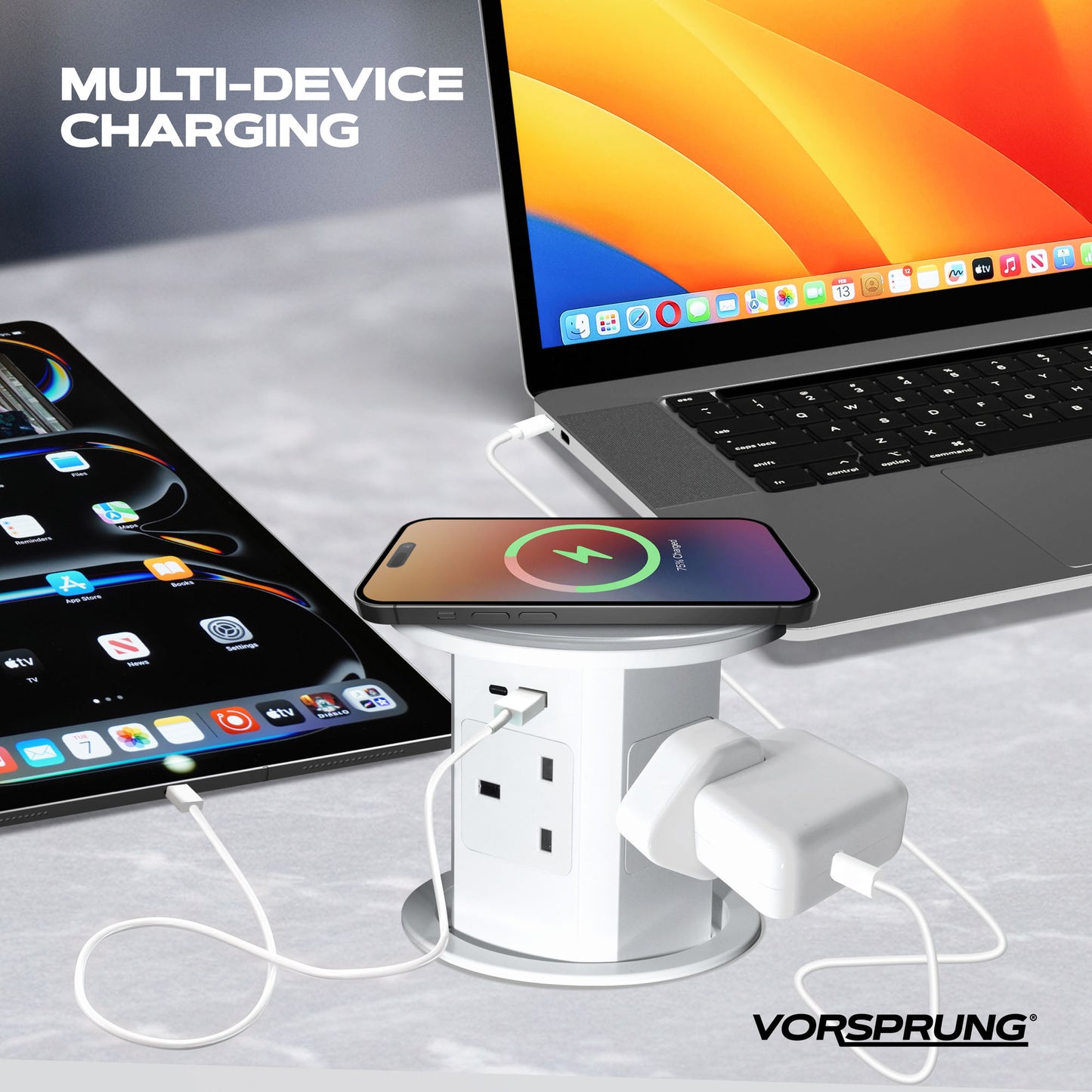 Retractable Pop Up Sockets QI Wireless Charging Pad | 4x UK Plugs | 2 x USB-A + 1 x USB-C Charging Socket | Perfect for Kitchen worktops & Desks