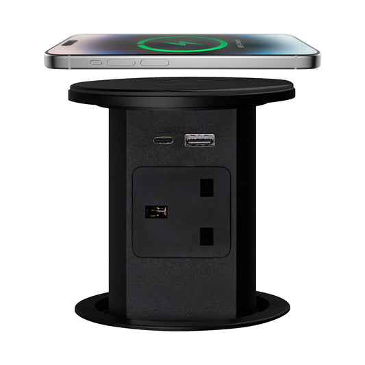 Retractable Pop Up Sockets QI Wireless Charging Pad | 4x UK Plugs | 2 x USB-A + 1 x USB-C Charging Socket | Perfect for Kitchen worktops & Desks | Hidden and flush when retracted