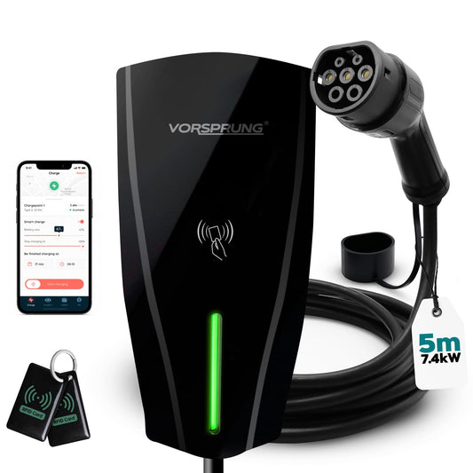 Alpha (Tethered) - Smart EV Charger 7kW | Type 2 | Single Phase Wallbox | Top-Spec Home EV Car Charging Station | IP65, 5m Cable, Adjustable Power, Smart App, PEN Protection | 3 Year Warranty