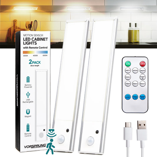 VORSPRUNG® Under Cabinet LED Lights | 2 Pack of 6000k Dimmable | Wireless Closet Lights with Remote Control for Kitchen,Stairs,Pantry,Cupboard | Energy Class A