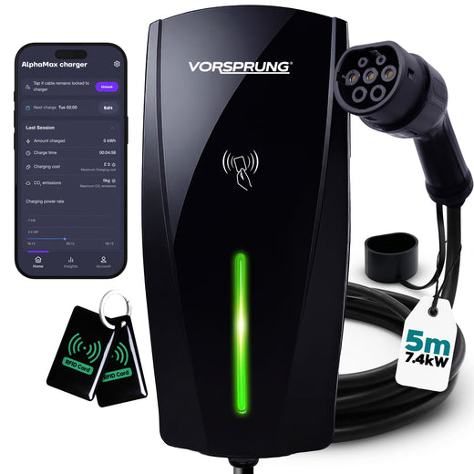 Alpha Max (Tethered) - 7.4kW EV Charger | RFID, Ethernet and WiFi Connectivity | Type 2 | Single Phase, IP65, 5m Cable, Adjustable Power, Smart App | 5 Year Warranty