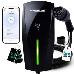 Alpha Max (Tethered) - 7.4kW EV Charger | RFID, Ethernet and WiFi Connectivity | Type 2 | Single Phase, IP65, 5m Cable, Adjustable Power, Smart App | 5 Year Warranty