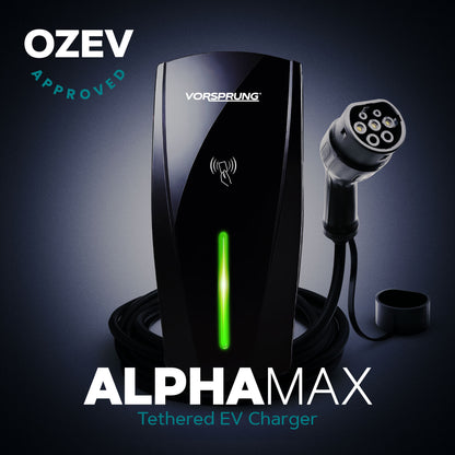 Alpha Max (Tethered) - 7.4kW EV Charger | RFID, Ethernet and WiFi Connectivity | Type 2 | Single Phase, IP65, 5m Cable, Adjustable Power, Smart App | 5 Year Warranty