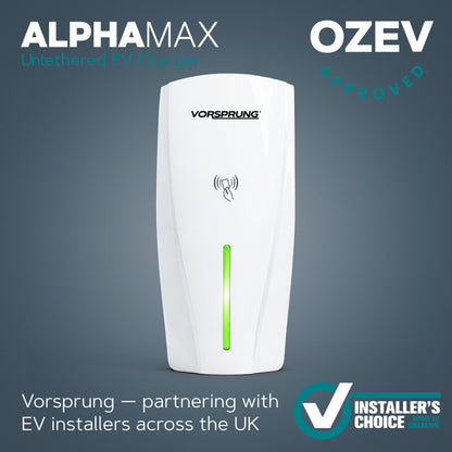 Alpha Max (Untethered) - 7.4kW EV Charger | RFID, Ethernet and WiFi Connectivity | Type 1 & Type 2 | Single Phase, IP55, Adjustable Power, Smart App | 5 Year Warranty