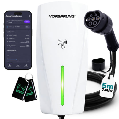 Alpha Max (Tethered) - 7.4kW EV Charger | RFID, Ethernet and WiFi Connectivity | Type 2 | Single Phase, IP65, 5m Cable, Adjustable Power, Smart App | 5 Year Warranty