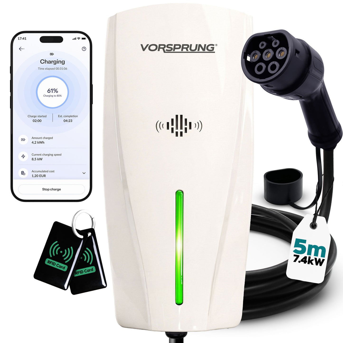 Alpha Max (Tethered) - 7.4kW EV Charger | RFID, Ethernet and WiFi Connectivity | Type 2 | Single Phase, IP65, 5m Cable, Adjustable Power, Smart App | 5 Year Warranty