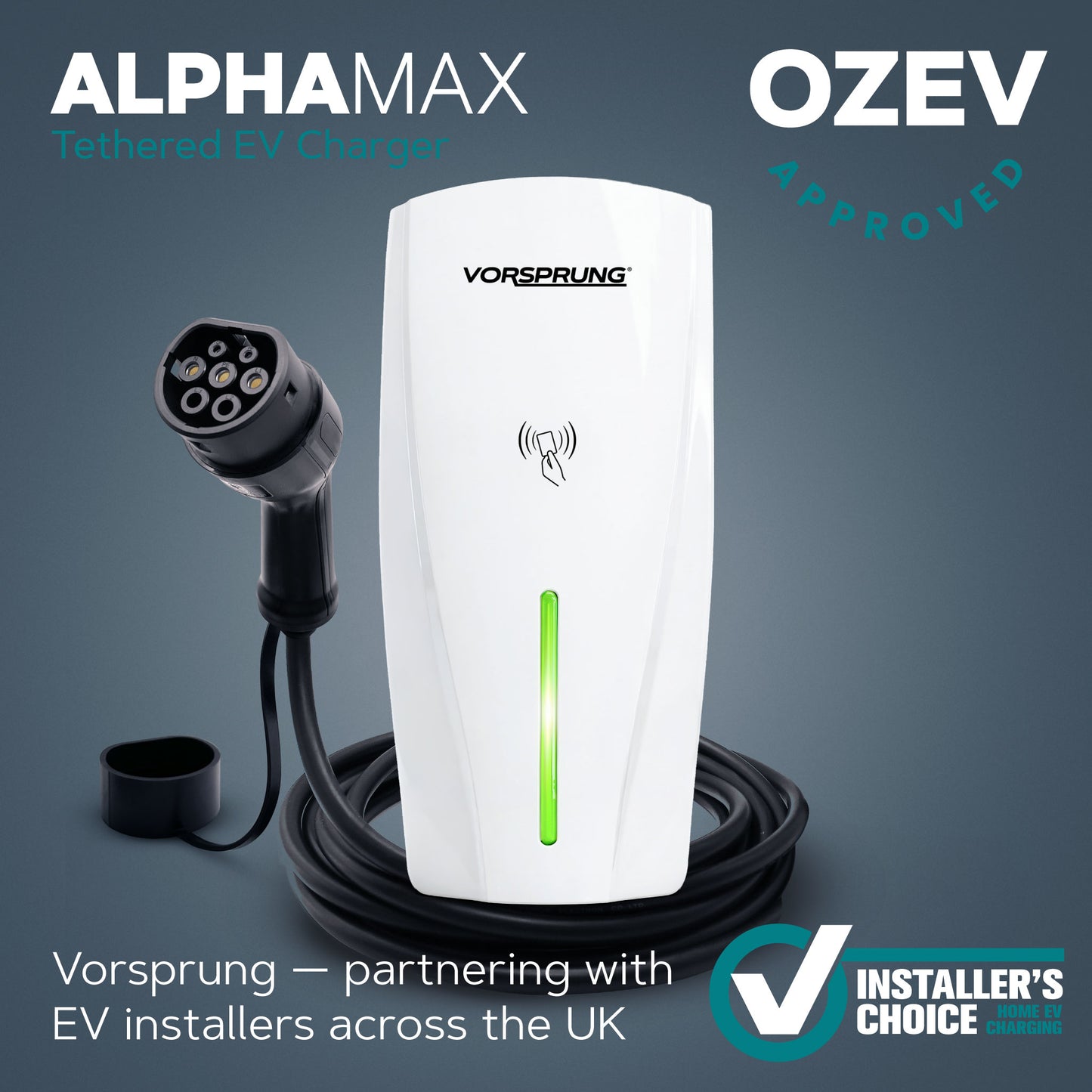 Alpha Max (Tethered) - 7.4kW EV Charger | RFID, Ethernet and WiFi Connectivity | Type 2 | Single Phase, IP65, 5m Cable, Adjustable Power, Smart App | 5 Year Warranty