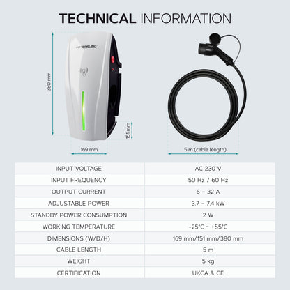 Alpha Max (Tethered) - 7.4kW EV Charger | RFID, Ethernet and WiFi Connectivity | Type 2 | Single Phase, IP65, 5m Cable, Adjustable Power, Smart App | 5 Year Warranty