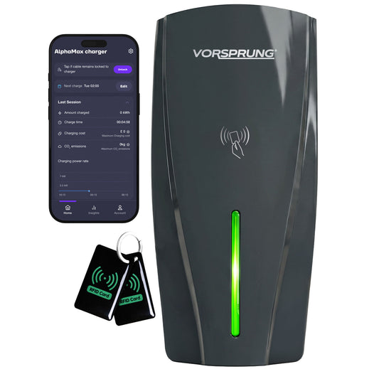 Alpha Max (Untethered) - 7.4kW EV Charger | RFID, Ethernet and WiFi Connectivity | Type 1 & Type 2 | Single Phase, IP55, Adjustable Power, Smart App | 5 Year Warranty | Grey