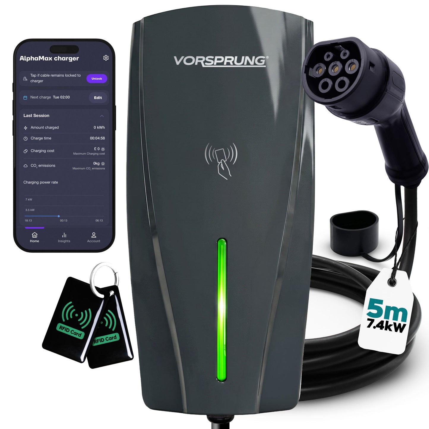 Alpha Max (Tethered) - 7.4kW EV Charger | RFID, Ethernet and WiFi Connectivity | Type 2 | Single Phase, IP65, 5m Cable, Adjustable Power, Smart App | 5 Year Warranty | Grey