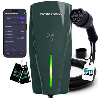 Alpha Max (Tethered) - 7.4kW EV Charger | RFID, Ethernet and WiFi Connectivity | Type 2 | Single Phase, IP65, 5m Cable, Adjustable Power, Smart App | 5 Year Warranty | Dark Slate Grey