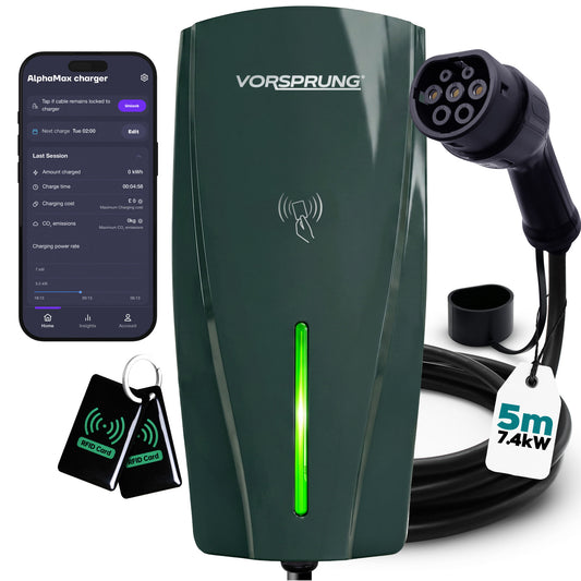 Alpha Max (Tethered) - 7.4kW EV Charger | RFID, Ethernet and WiFi Connectivity | Type 2 | Single Phase, IP65, 5m Cable, Adjustable Power, Smart App | 5 Year Warranty | Grey