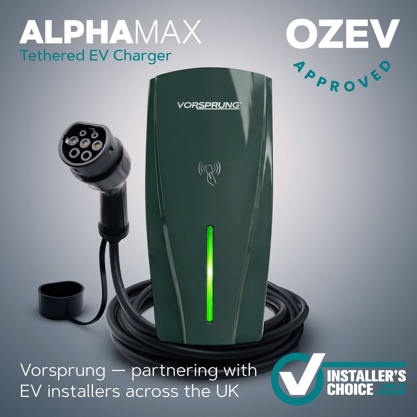 Alpha Max (Tethered) - 7.4kW EV Charger | RFID, Ethernet and WiFi Connectivity | Type 2 | Single Phase, IP65, 5m Cable, Adjustable Power, Smart App | 5 Year Warranty | Dark Slate Grey