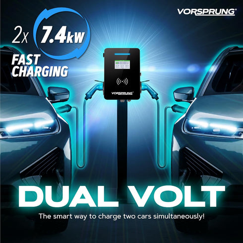 DualVolt (14kW) - EV Wall Socket | 14kW | 2 x Type 2 socket | Solar Compatible with LCD & Smart App | Single Phase for Home & Business | 2 x Type 2 sockets | Indoor/Outdoor | Universal Charger | OCPP 1.6