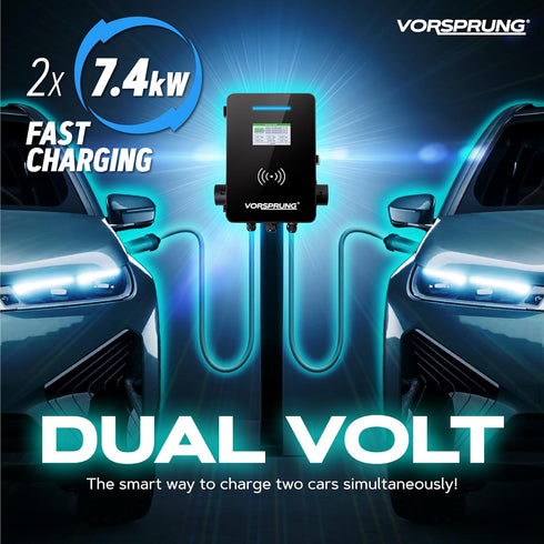 DualVolt Pro (14kW) - EV Wall Charger | 14kW (2 x 7.4kW) | Type 2 | Solar Compatible With LCD & Smart App | Single Phase for Home or Business | 2 x 5m Cable included | Indoor/Outdoor | Universal Charger | OCPP 1.6