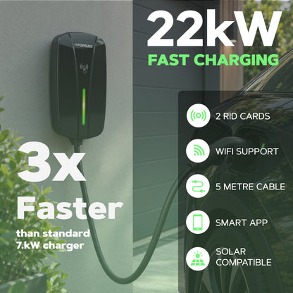 Apex (Tethered) - 22kW EV Charger | RFID, Ethernet and WiFi Connectivity | Type 2 | Single & Three Phase, IP65, 5m Cable, Adjustable Power, Smart App | 5 Year Warranty
