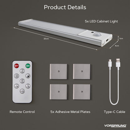 VORSPRUNG® Under Cabinet Lights Pack of 5 | 30 LED, 200 Lumens, 600mAh Rechargeable Motion Sensor Lights | Magnetic, Dimmable, Glare-Free Wireless Closet Lights for Kitchen, Stairs, Pantry, Cupboard