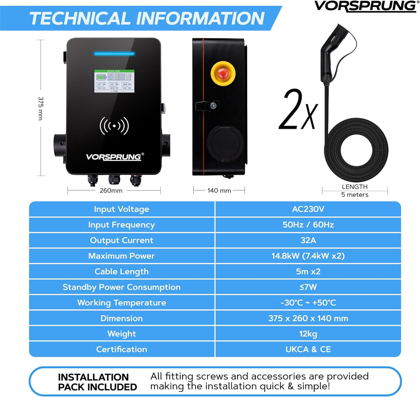 TwinCharger (kablolu) - EV Şarj Cihazı | 14kW (2 x 7.4kW) | Aynı Anda 2 Araba Şarj Edin | Tip 2 | LCD ve Akıllı Uygulama ile Güneş Enerjisi Uyumlu | Ev, Ticari veya İş Kullanımı İçin Tek Faz | İç/Dış Mekan | Evrensel Duvar Kutusu | OCPP 1.6 