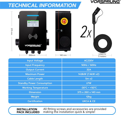 TwinCharger (kablolu) - EV Şarj Cihazı | 14kW (2 x 7.4kW) | Aynı Anda 2 Araba Şarj Edin | Tip 2 | LCD ve Akıllı Uygulama ile Güneş Enerjisi Uyumlu | Ev, Ticari veya İş Kullanımı İçin Tek Faz | İç/Dış Mekan | Evrensel Duvar Kutusu | OCPP 1.6 