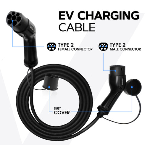 EV Charging Cable -  Type 2 to Type 2 | 3 to 15 Metre | Up to 7.6kw | Male To Female | Free Carry Bag