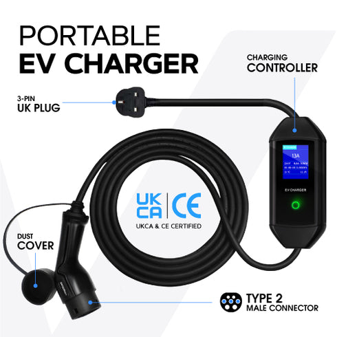 Type 2 | 3 Pin Portable EV Charger | 3 to 10 Metre | UK 3-pin | 6A to 13A Variable | 3.3kw