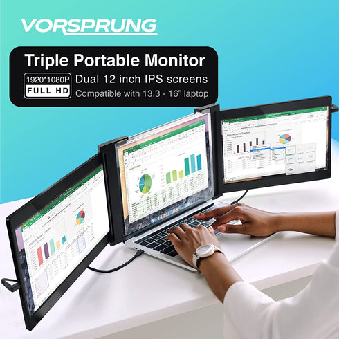 Triple Portable Monitor for Laptop | 12" | 1080P HD | Compatible with 13''-16'' Laptops